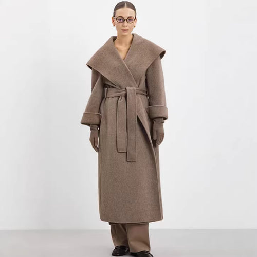 Damen Maxi-Mantel im Wickelstil mit breitem Schalkragen und Krempelärmeln Shop Nory