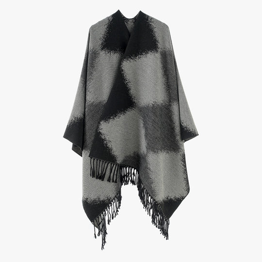 Damen Oversize-Poncho aus Wollmix mit verwaschenem Karo und Fransensaum Shop Nory