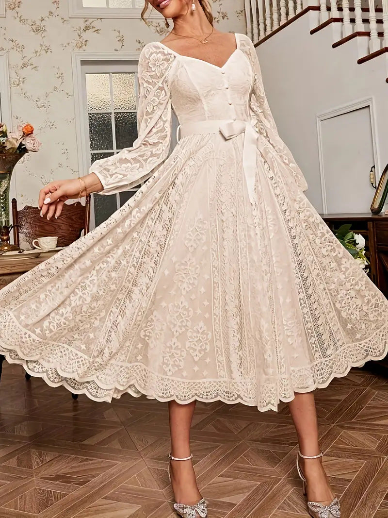 Damen Elegantes Spitze Midi-Kleid mit puffärmel und Taillenbindung