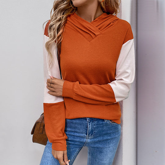 Damen Lässiger Kapuzenpullover mit V‑Kragen, Kontrastärmeln und Rippbündchen Shop Nory