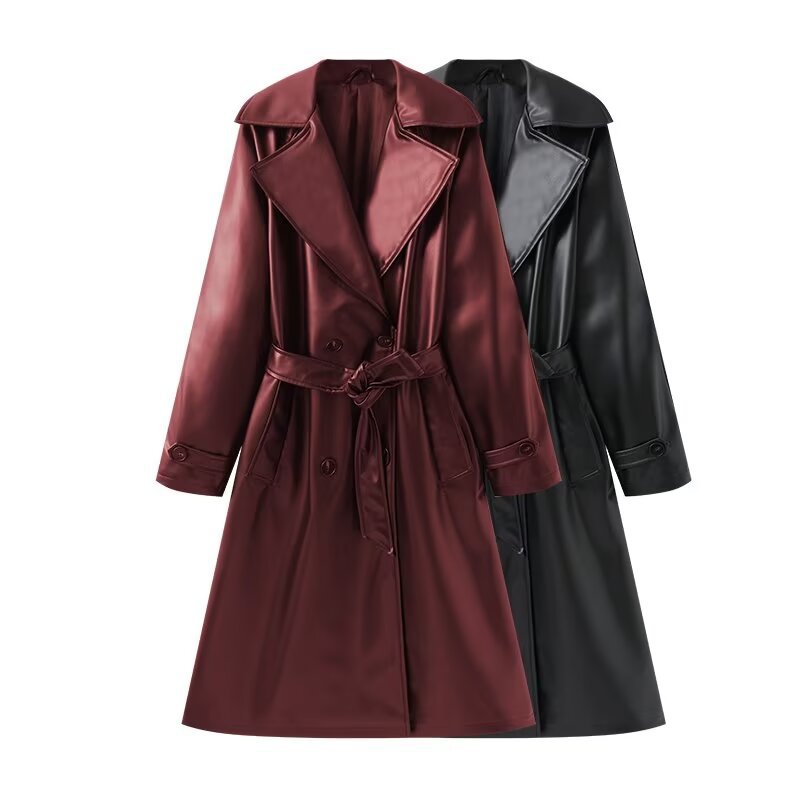 Damen Lange glänzende Trenchcoat-Übergangsjacke aus Lederoptik mit Taillengürtel Shop Nory