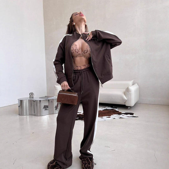 Damen lässiges Zweiteiler-Set mit Stehkragen-Zipjacke und locker geschnittener Tunnelzughose Shop Nory