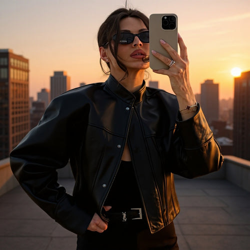 Damen Kurzjacke aus veganem Glattleder mit markanten Schulterpuffern und verdeckter Druckknopfleiste Shop Nory