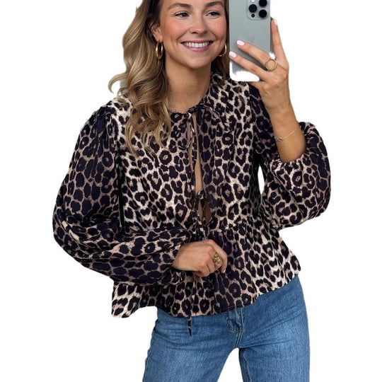Damen Bluse mit Leopardenprint, Bindebändern und Ballonärmeln Shop Nory