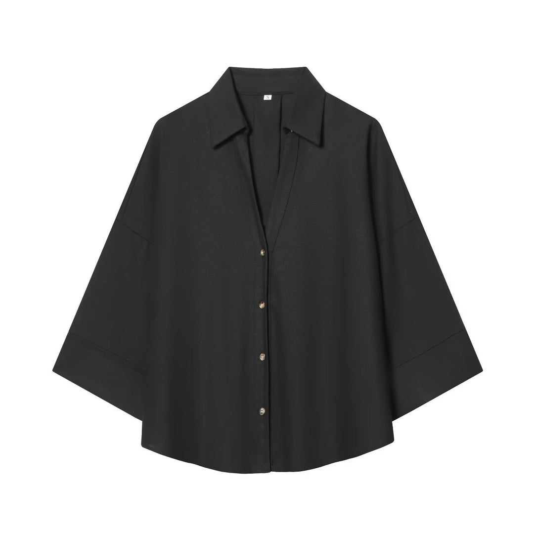 Damen nan lockere oversized Hemdbluse mit weitem Kragen und Dreiviertelärmeln Shop Nory