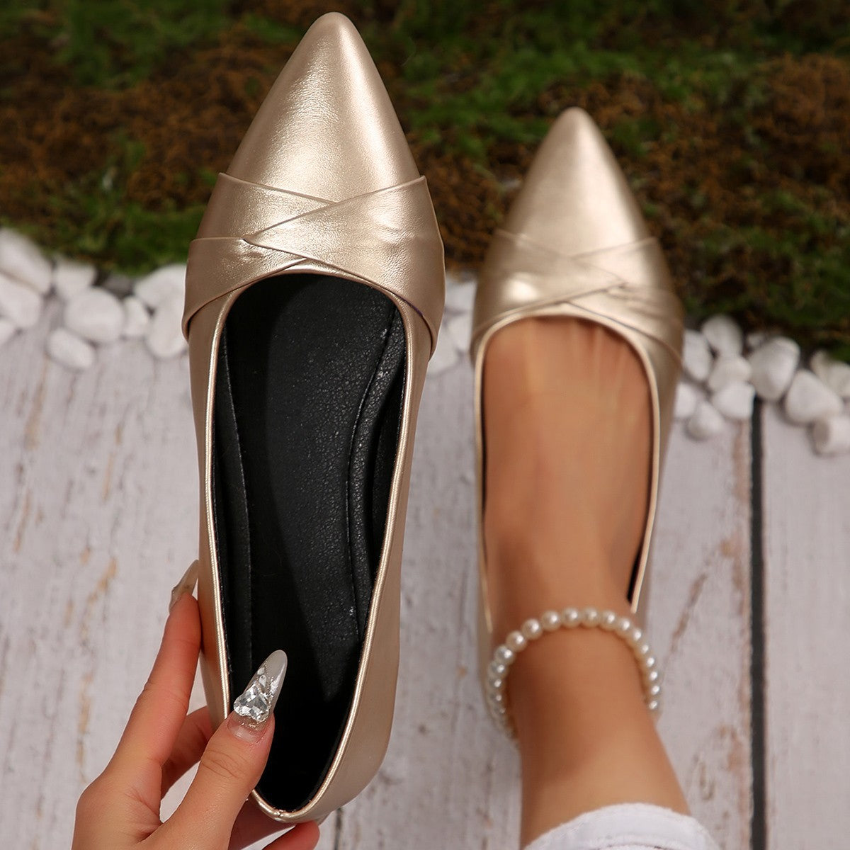 Damen elegante Ballerinas mit raffiniertem Lederoberteil Shopnory