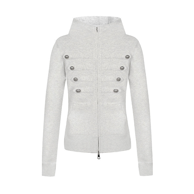 Damen Kapuzen-Sweatjacke im Military-Style mit Stehkragen, Zierriegeln und durchgehendem Reißverschluss Shop Nory