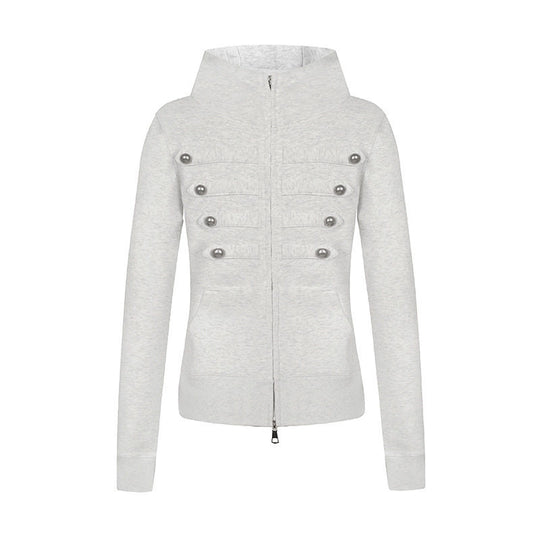 Damen Kapuzen-Sweatjacke im Military-Style mit Stehkragen, Zierriegeln und durchgehendem Reißverschluss Shop Nory