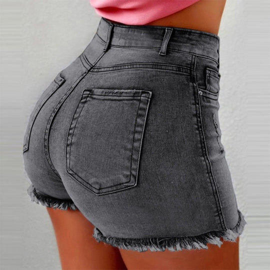 Damen High-Waist Denim-Shorts mit fransigem Saum