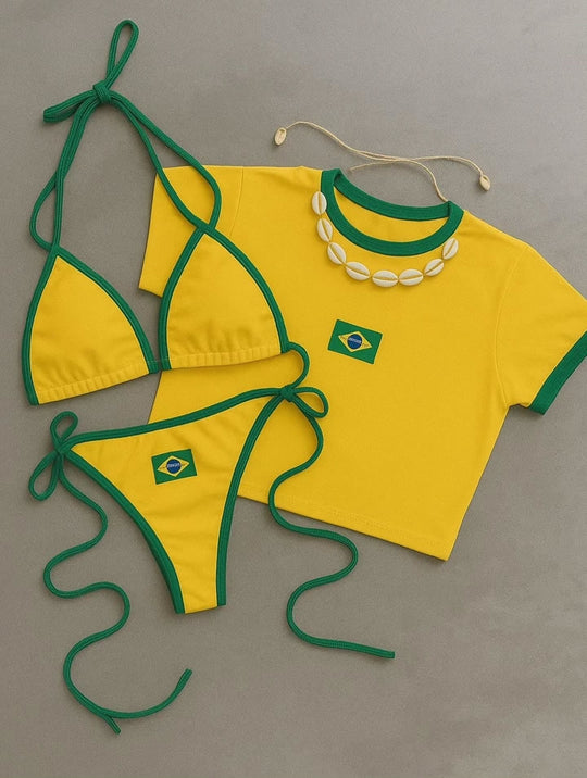 Damen Bikini-Set mit sportlichem Crop-Top und trendigem Brasilien-Flaggen-Design Shopnory