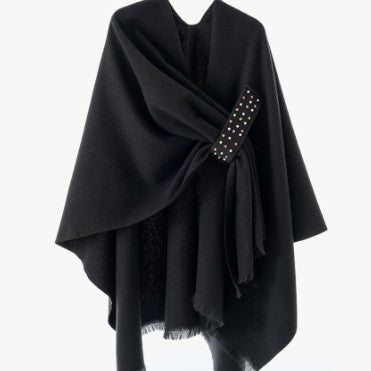 Damen Eleganter Wickel-Umhang aus Wollmischung mit Taillenschärpe und Fransensaum Shop Nory