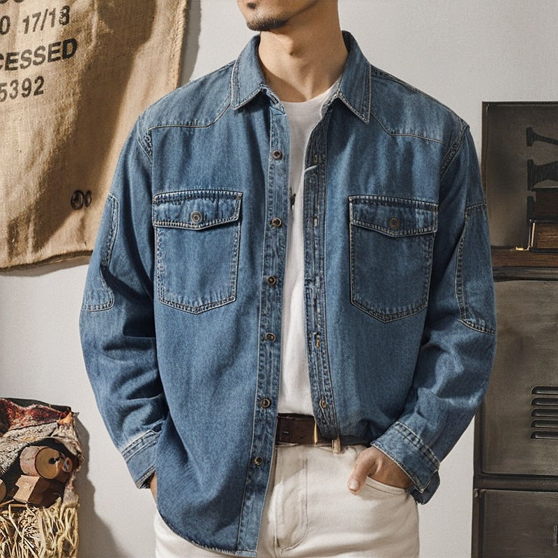 Herren Relaxed Denim‑Hemdjacke mit aufgesetzten Pattentaschen, verstärkten Ellenbogen und sichtbarer Knopfleiste Shop Nory