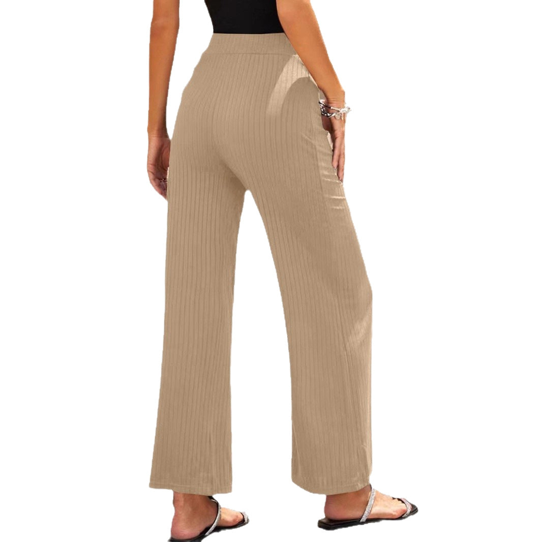 Damen Weite, gestreifte Plisseehose mit hohem Bund und elastischem Taillenbund