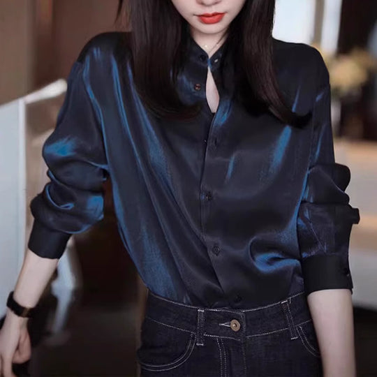 Damen Elegante satinierte Bluse mit Stehkragen Shop Nory