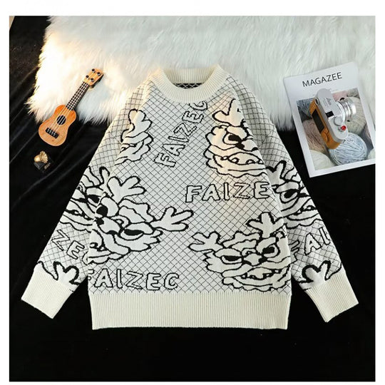Unisex Oversized Jacquard-Strickpullover mit Allover-Motiv und Rippbündchen Shop Nory