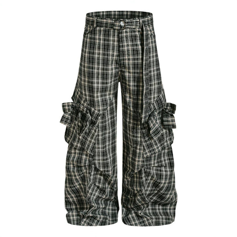 Damen karierte hochgeschnittene Cargo-Hose mit weitem Bein und Volant-Taschen Shop Nory