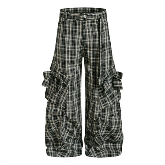 Damen karierte hochgeschnittene Cargo-Hose mit weitem Bein und Volant-Taschen Shop Nory
