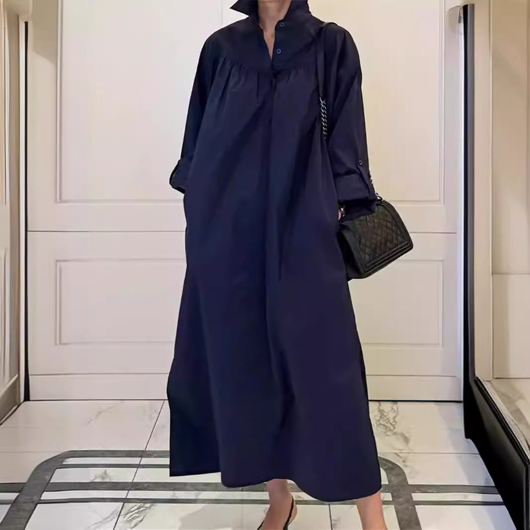 Damen Maxikleid im Oversize-Hemdstil mit Stehkragen, Schulterpasse und Eingrifftaschen Shop Nory