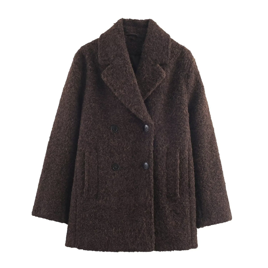 Damen Doppelreihiger Teddy-Mantel mit Schalkragen und aufgesetzten Taschen Shop Nory