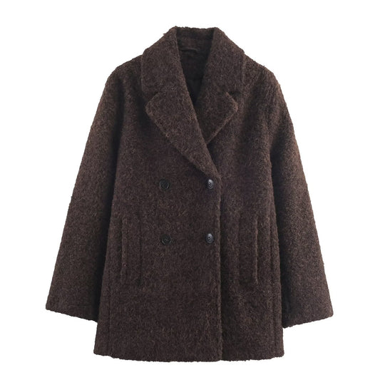 Damen Doppelreihiger Teddy-Mantel mit Schalkragen und aufgesetzten Taschen Shop Nory