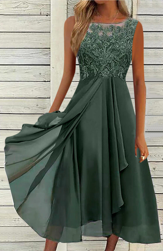 Damen nan ärmelloses Chiffon-Midikleid mit bestickter Illusionsspitze, Schiff-Ausschnitt und mehrlagigem Schwingrock