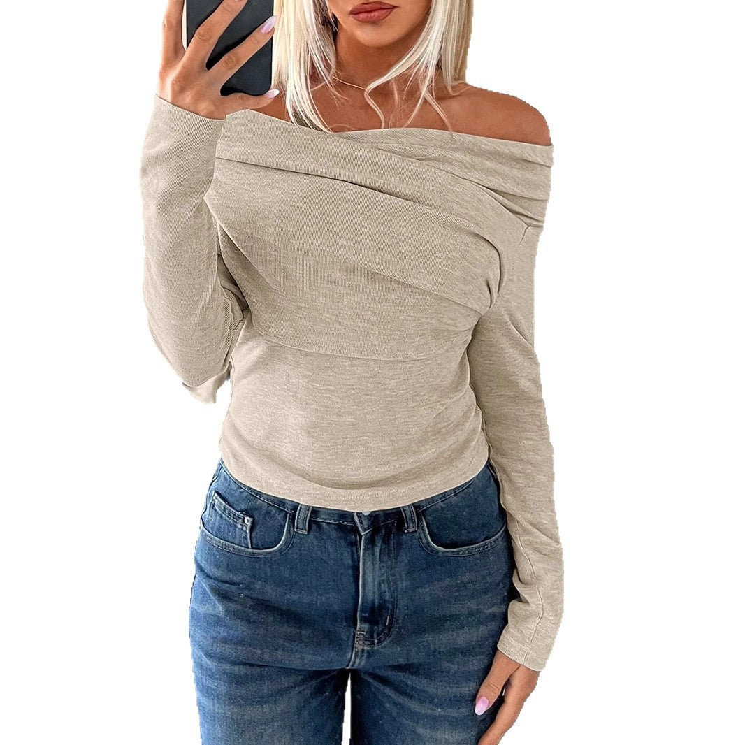Damen Weiches Off-Shoulder Langarmshirt mit Wasserfallkragen und leichtem Stretch Shop Nory