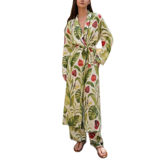 Damen Langer Kimono-Mantel mit Taillengürtel und weiter Palazzo-Hose im Tropenprint Shop Nory