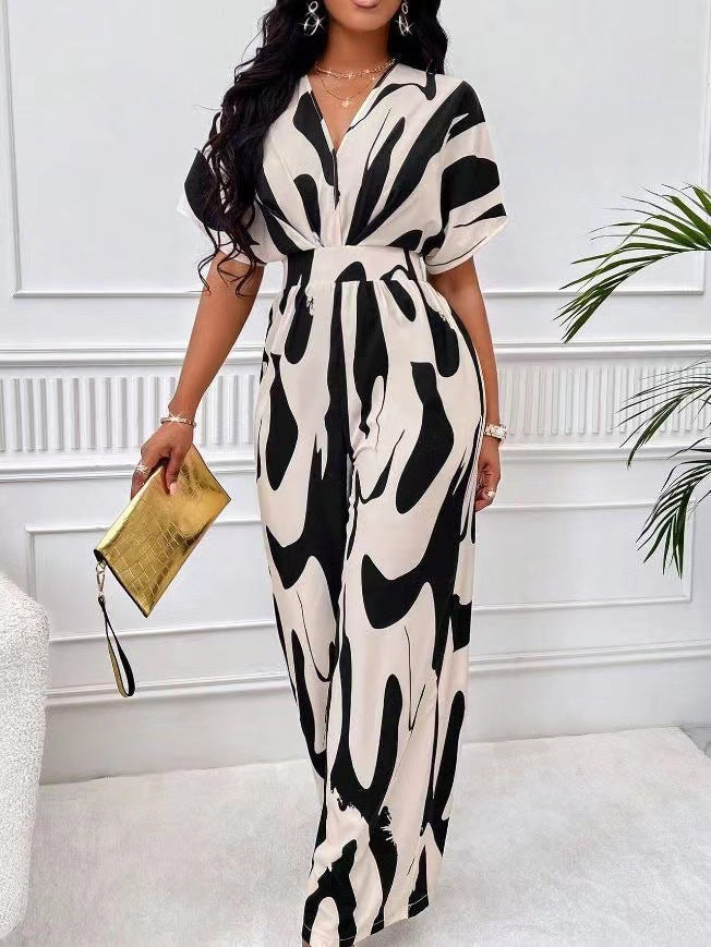 Damen Eleganter Jumpsuit mit großflächigem Muster und V-Ausschnitt