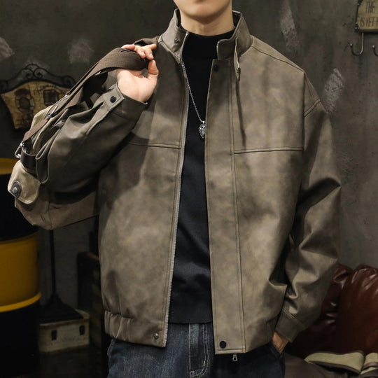 Herren Boxy Lederoptik-Blouson mit verdeckter Reißverschlussleiste, Stehkragen und elastischem Bund Shop Nory