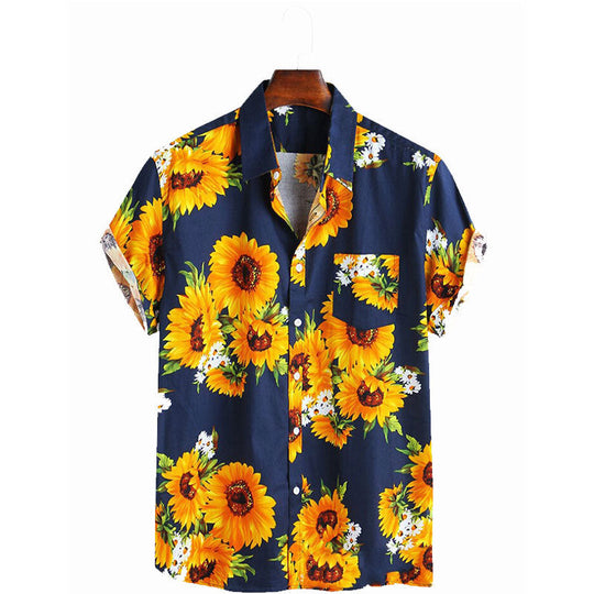 Herren Kurzarmhemd mit farbenfrohem Sonnenblumenmuster und leichtem Baumwollstoff