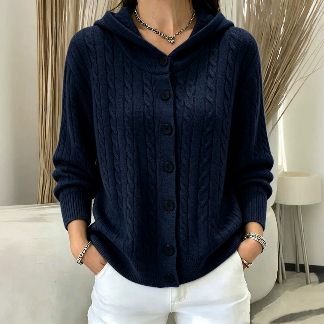 Damen Kapuzen-Cardigan mit Zopfmuster und durchgehender Knopfleiste Shop Nory