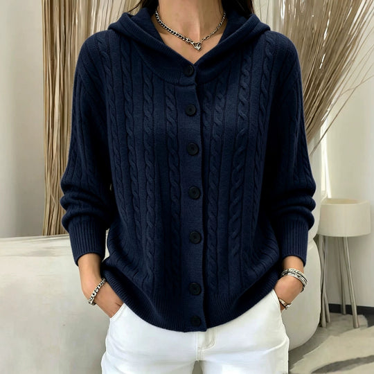 Damen Kapuzen-Cardigan mit Zopfmuster und durchgehender Knopfleiste Shop Nory