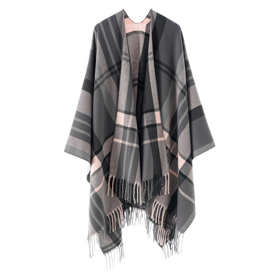Damen Oversize Karierter Fransen-Poncho aus weichem Strick Shop Nory