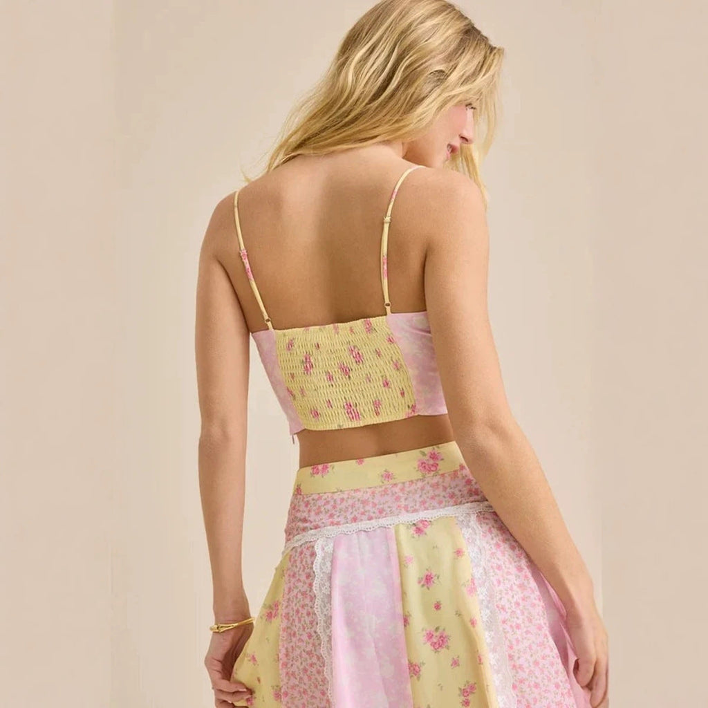 Damen nan romantisches Crop-Top mit Spaghettiträgern und gestuftem Patchwork-Maxirock Shopnory