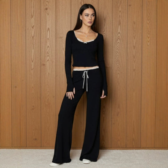 Damen Lounge-Pyjama-Set aus Viskose-Mix mit Spitzenbesatz und weitem Hosenschnitt Shop Nory