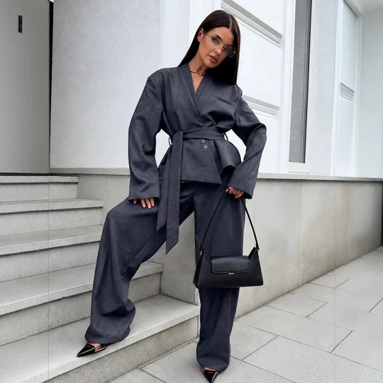 Damen Elegantes Wickelblazer-Set mit Taillengürtel und weiter Bundfaltenhose Shop Nory