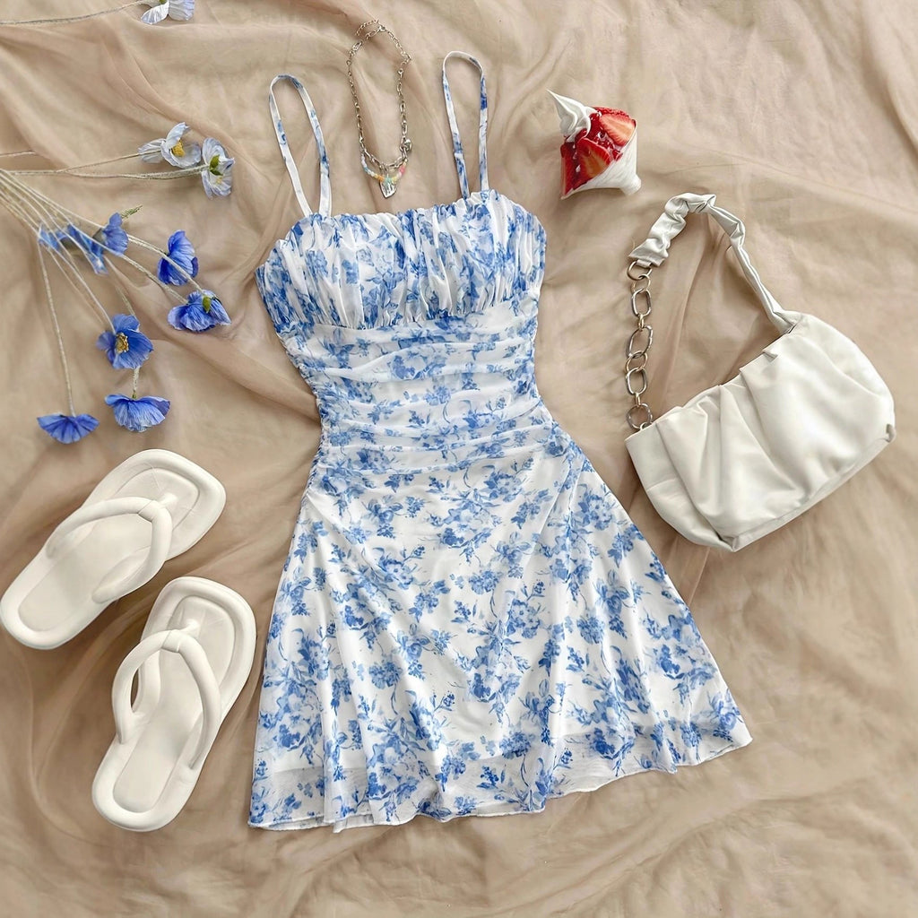 Damen Sommerliches Blumenkleid mit Spaghetti-Trägern und Raffungen