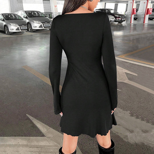 Damen geripptes A-Linien-Minikleid mit ausgestellten Glockenärmeln Shop Nory