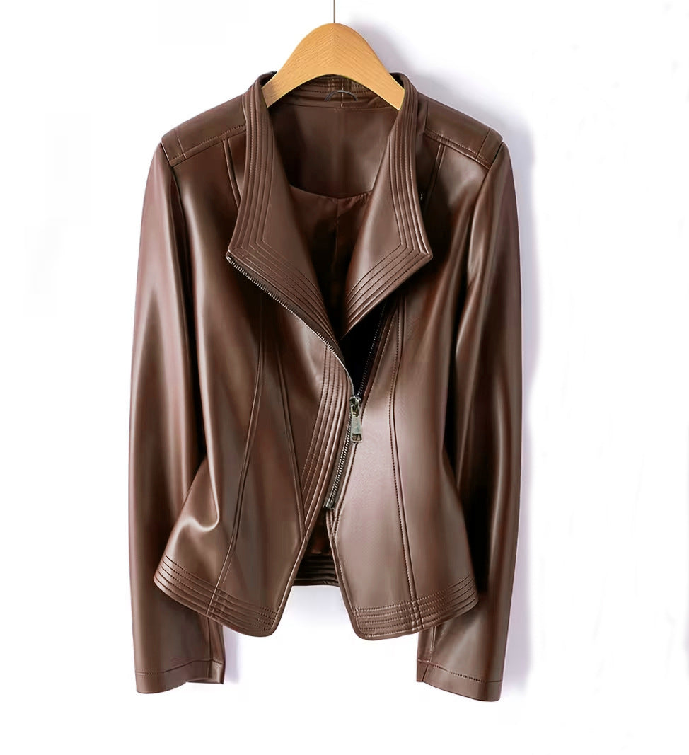Damen Taillierte Kunstlederjacke mit asymmetrischem Reißverschluss und Ziersteppungen Shop Nory