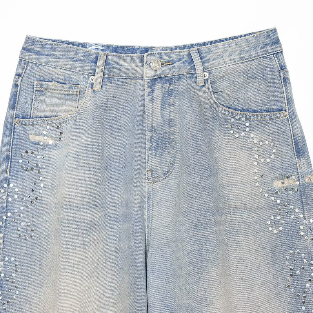 Damen Jeans mit hoher Taille, weitem Bein, Strassbesatz und Destroyed-Details Shop Nory