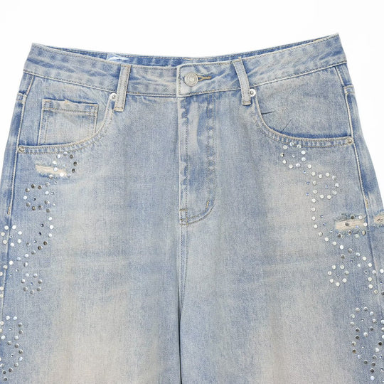 Damen Jeans mit hoher Taille, weitem Bein, Strassbesatz und Destroyed-Details Shop Nory
