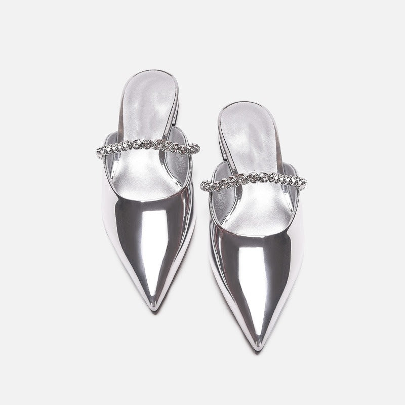 Damen elegante Pantoletten mit glitzerndem Riemen und spitz zulaufender Form
