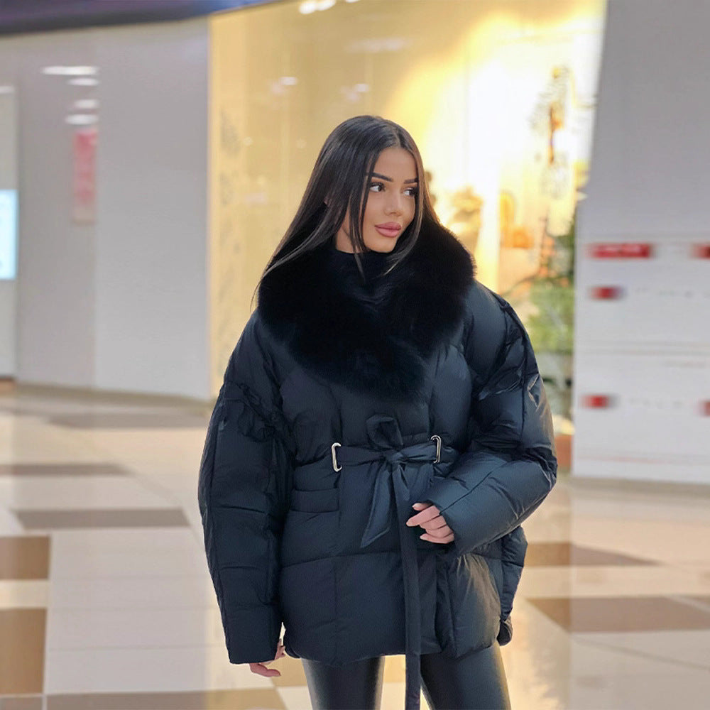 Damen Oversize Steppjacke mit Taillengürtel und Kunstfellkragen Shop Nory