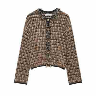 Damen Bouclé-Tweed-Croppedjacke mit Fransenbesatz und Rundhalsausschnitt Shop Nory