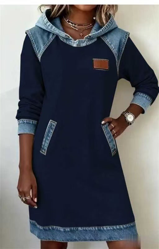 Damen Kapuzen Sweatkleid mit Denim-Besatz, Kängurutaschen und lässiger A-Linien Silhouette Shop Nory
