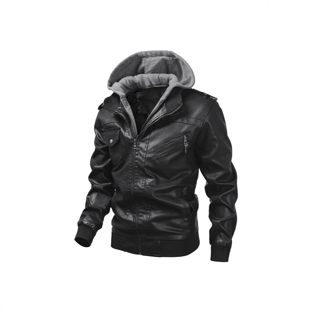 Herren Kunstlederjacke mit abnehmbarer Kapuze und Multifunktions-Taschen Shopnory