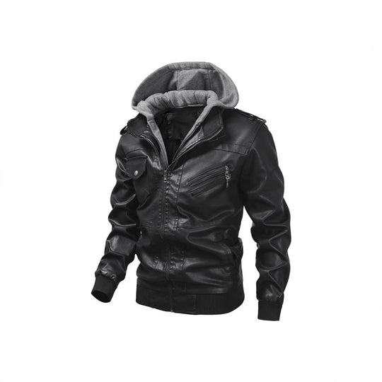 Herren Kunstlederjacke mit abnehmbarer Kapuze und Multifunktions-Taschen Shopnory
