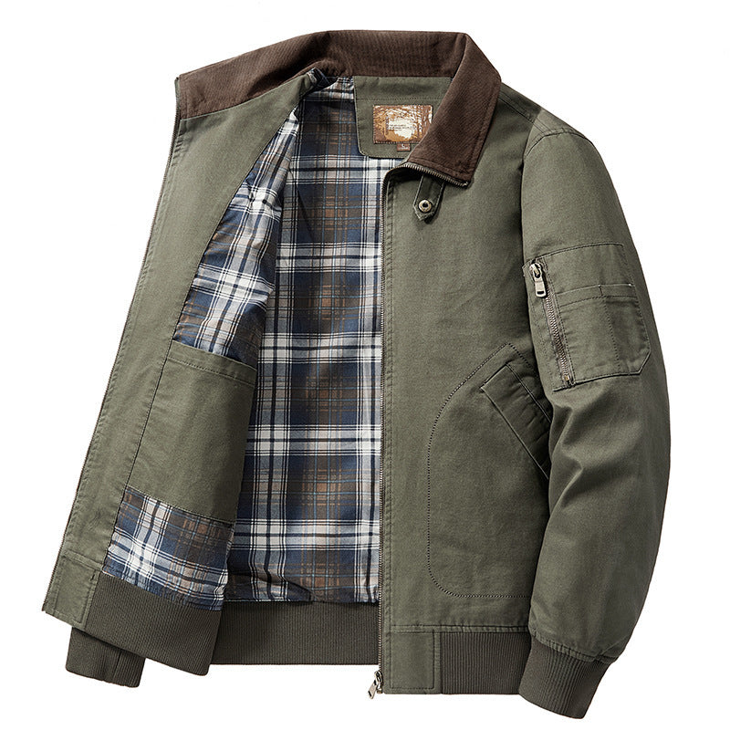 Herren Vintage-inspirierte Bomberjacke mit Cordkragen, karierter Innenfutter und Ärmel-Utility-Tasche Shop Nory