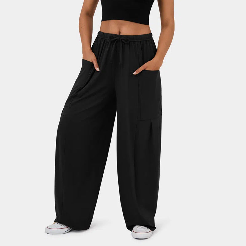 Damen Weite Relax‑Hose mit hohem Elastikbund, Tunnelzug und großen Cargo-Taschen Shop Nory