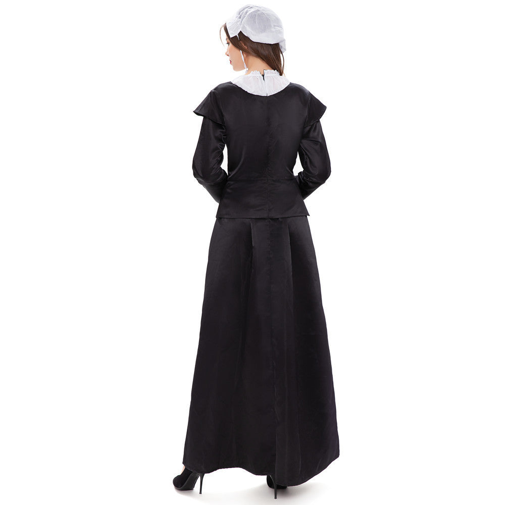 Damen nan historisches Pilgerkostüm mit langem Rock, geraffter Bluse, abnehmbarer Schürze und Haube Shop Nory